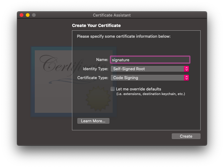 Create Certificate, Certification Type